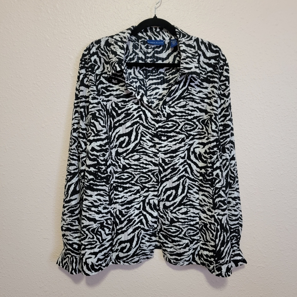 Karen Scott Black White Zebra Animal Print Collar Button Blouse Vintage Top 90s